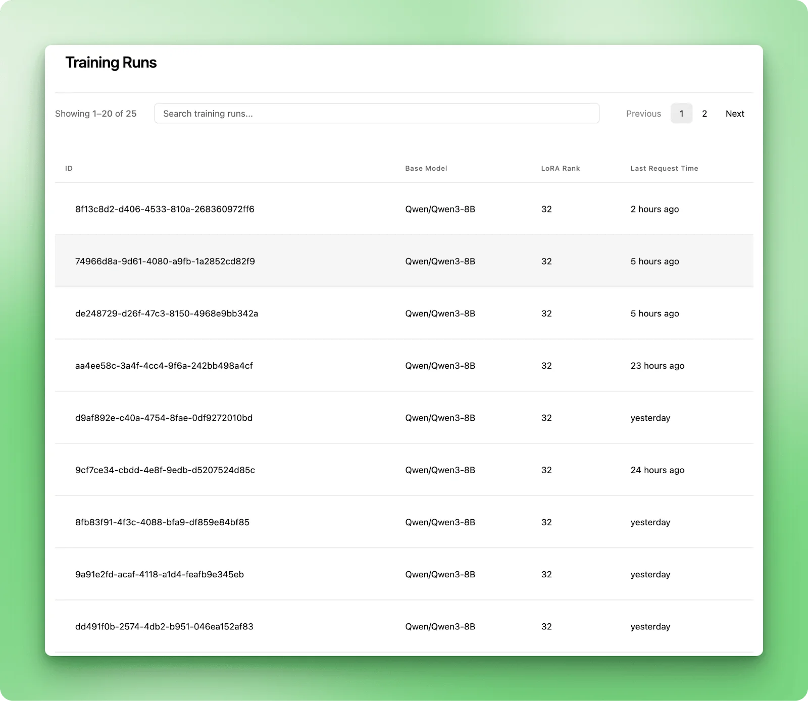 Tinker console tracking training runs with run IDs, base model, and status